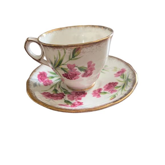 Vintage Royal Stafford Carnation English Bone China Tea Cup and Saucer Tiny Chip - Picture 1 of 9